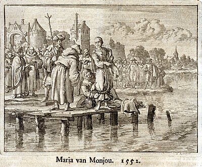 Das Ertränken der Märtyrerin "Maria von Monjou" in der Rur, Bild aus dem Jahr 1552.