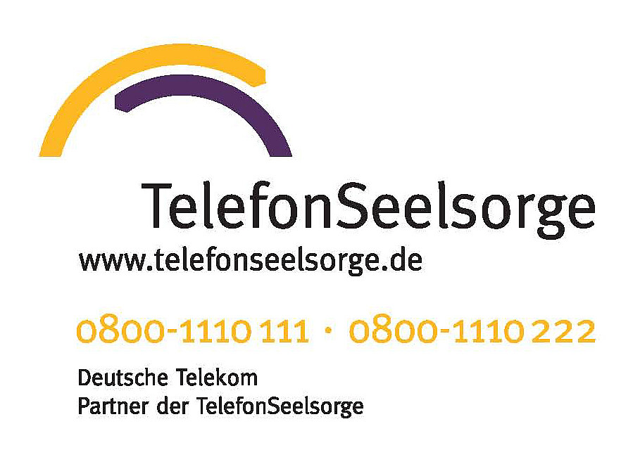 Logo der Telefonseelsorge mit Nummer: Die TelefonSeelsorge ist immer erreichbar - 24 Stunden am Tag, 7 Tage die Woche.