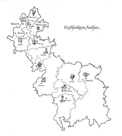 Die älteste Karte des Evangelischen Kirchenkreises Aachen stammt aus einem Gemeindebuch aus dem Jahr 1959. Auch zurzeit der Veröffentlichung zählte der Kirchenkreis 13 Gemeinden - wie heute, jedoch waren deren Namen und Grenzen nicht mit den heutigen iden