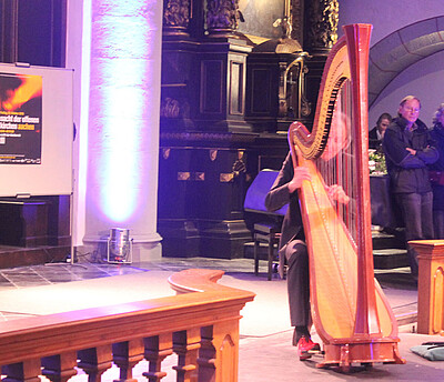 In der Citykirche verzauberte Michael David das Publikum mit seiner „Harfe in Blau.“ (Foto: Albrecht)