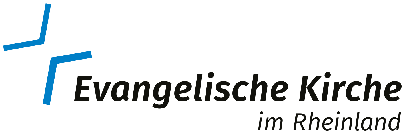 Logo Evangelische Kirche im Rheinland mit einem blauen stilisierten Kreuz aus zwei Elementen