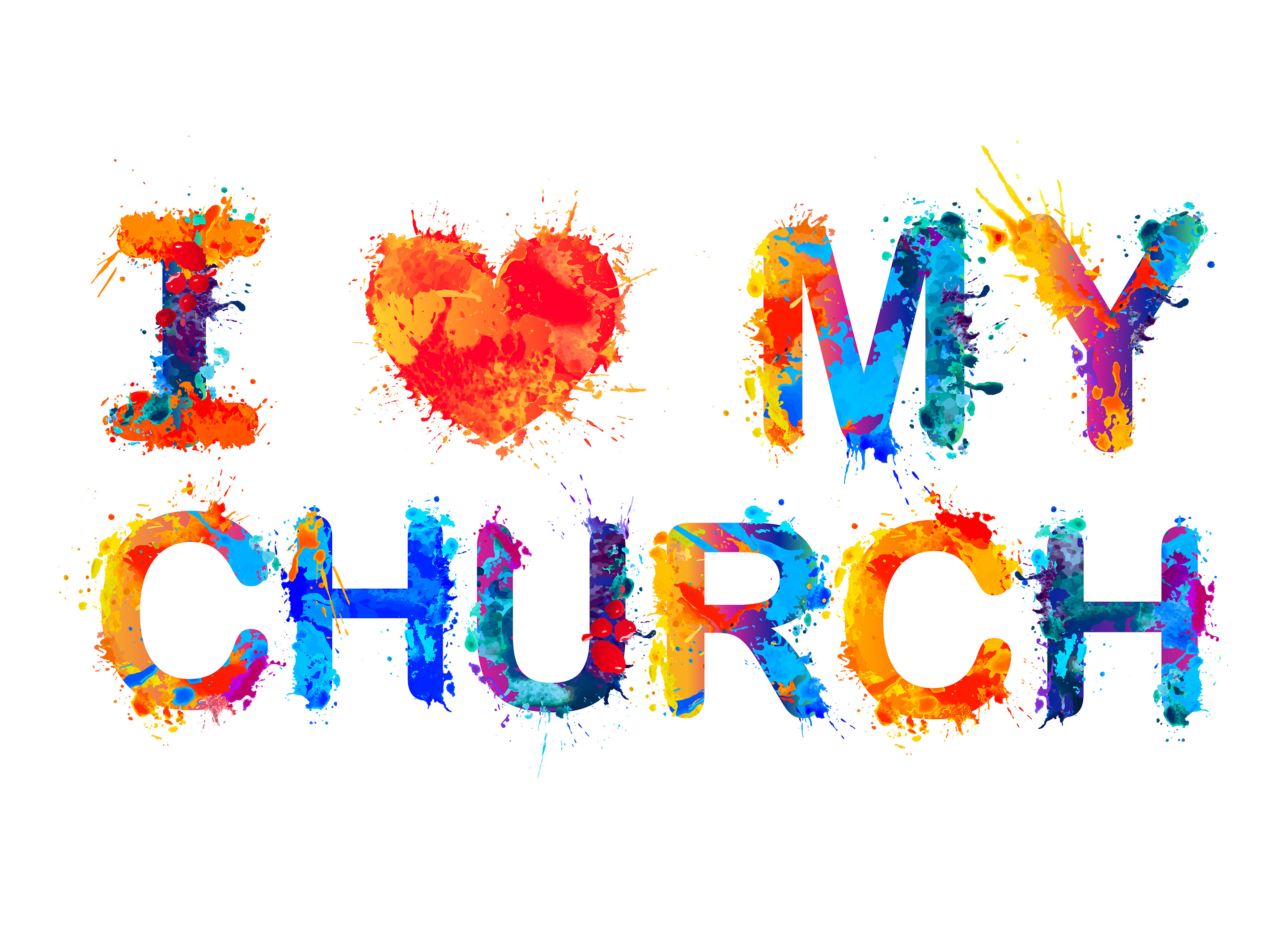 Grafik aus bunten Farbflecken mit Text "I love my church": Gemeinschaft, Lebensbegleitung, Spiritualität, Kultur ... es gibt viele Gründe, gerne Mitglied in der Evangelischen Kirche zu sein.