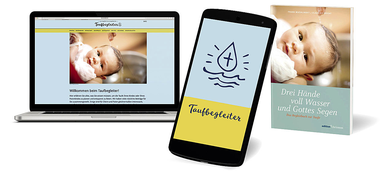 Grafiken der Taufbegleiter-App auf PC-Bildschirm und Handy