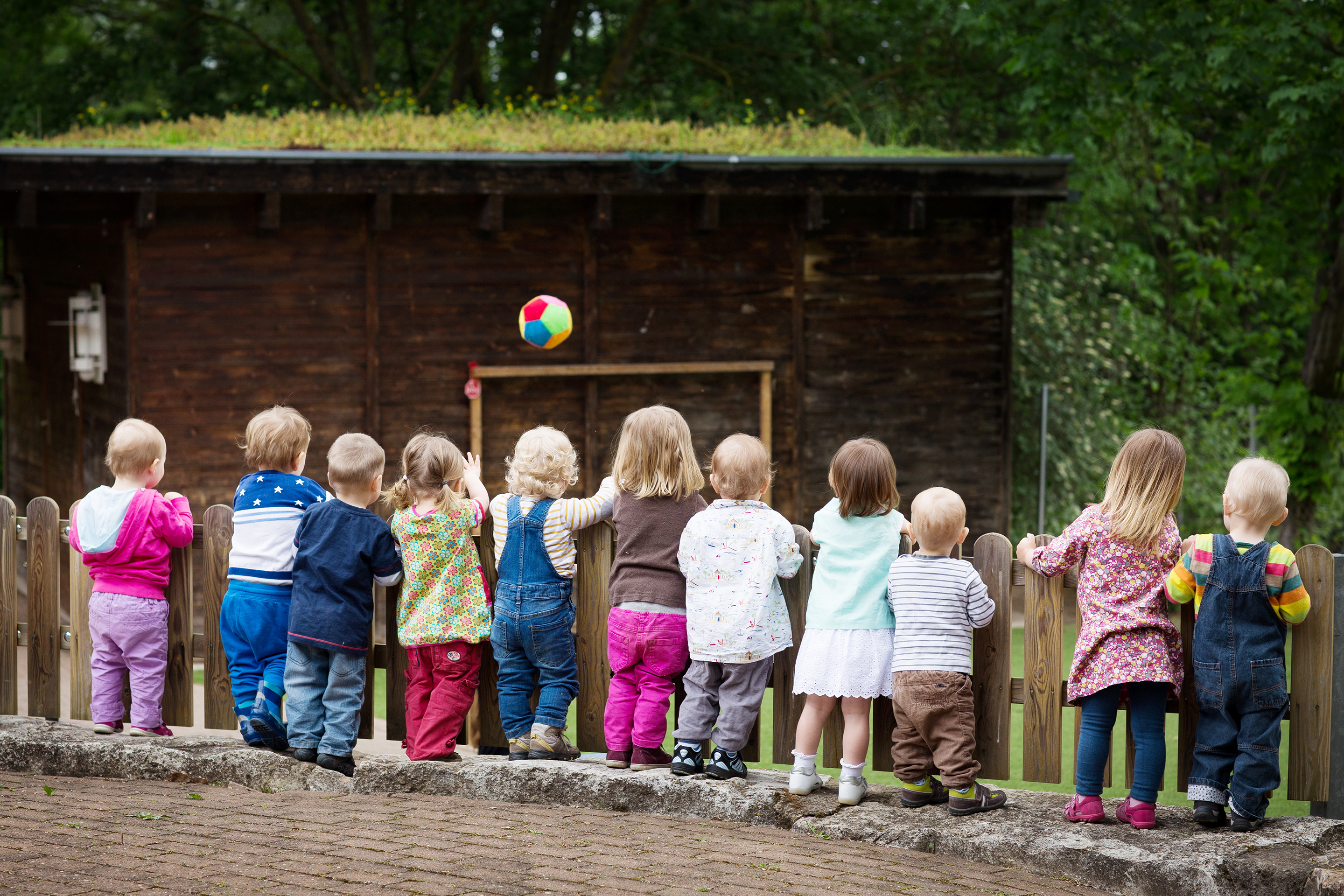 Reihe Kinder im Kindergartenalter von hinten fotografiert.